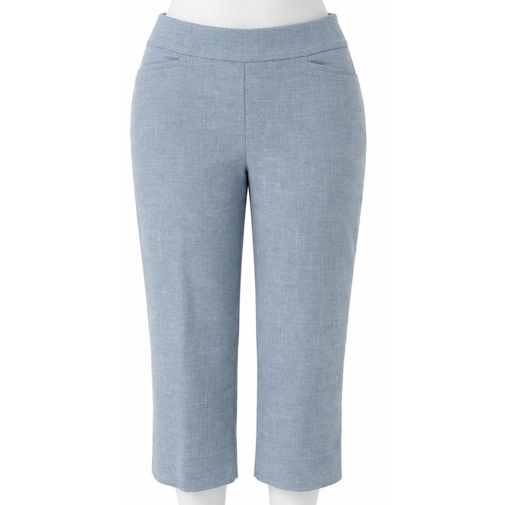 Chico’s 1 (US8) Blue Mid Rise Cropped Ankle Pants Side Slit Pull On Stretch
